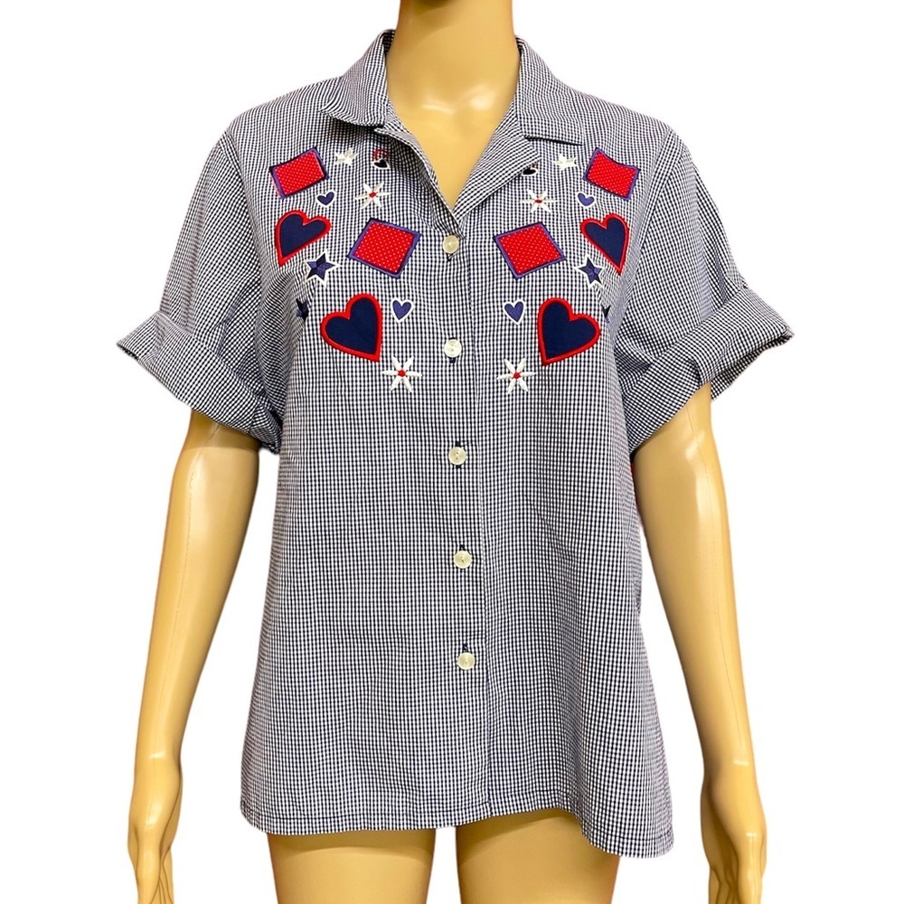 Bon Worth Micro Check Hearts and Stars Applique Button Top Size XL